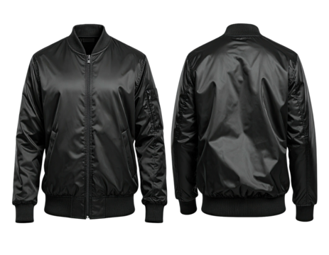 Front and back view of a black, glossy bomber jacket (1)