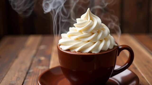 Indulge in rich hot chocolate topped with swirls of whipped cream, steam rising in a cozy setting perfect for winter relaxation or a sweet treat break