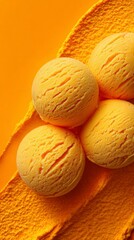Four scoops of tangerine ice cream are beautifully displayed against a vivid orange backdrop, highlighting the creamy texture and inviting appearance of this refreshing treat
