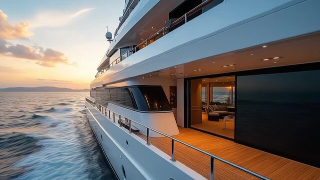 Luxurious yacht cruising on the ocean at sunset with elegant interior visible and calm seas