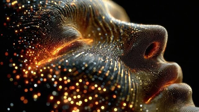 Digital Abundance: A captivating visualization of a human visage, adorned with intricate streams of digital particles, evoking the limitless expanse of thoughts and innovation.