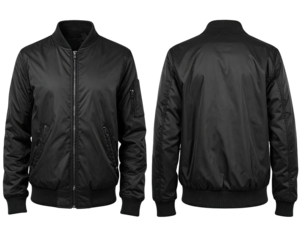 Black bomber jacket, front and back views, showing zipper closure and  pockets