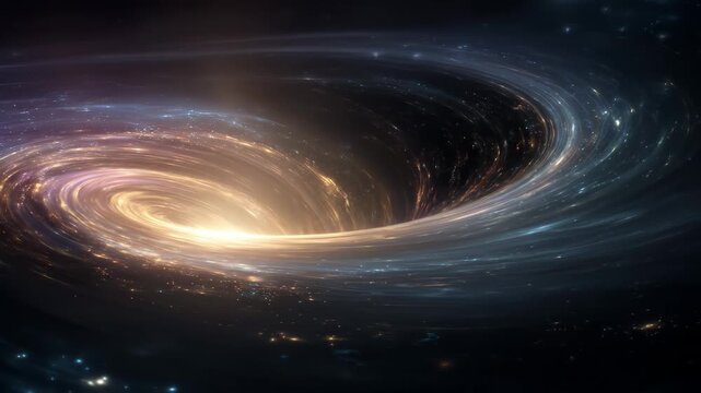 Golden glowing vortex resembling a black hole with luminous swirling energy. Abstract cosmic distortion effect ideal for cinematic sci fi and galactic fantasy art.
