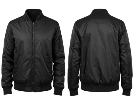 Black bomber jacket, front and back views, showing zipper closure and  pockets