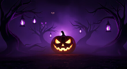 A glowing Jack-o'-lantern sits in a spooky, purple-lit forest with hanging lanterns and eerie fog.