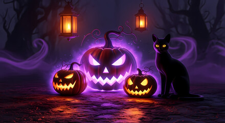 A spooky Halloween scene with glowing purple jack-o'-lanterns, a black cat, and hanging lanterns in a dark, foggy forest.