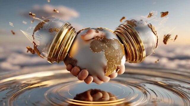 Global Partnership: A captivating visual depicting global unity, showcasing the world as interconnected entities that coming together to form a handshake.
