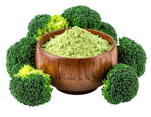 Wooden bowl of broccoli powder surrounded by fresh broccoli florets