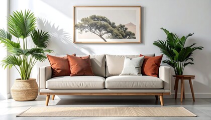 Modern living room with beige sofa and plants