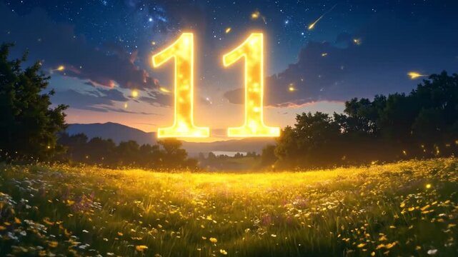 Glowing Number 11 Over Field at Sunset with Sparks
