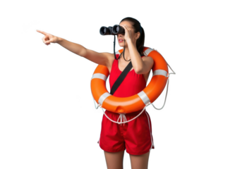 Lifeguard woman in red swimsuit with lifebuoy and binoculars scanning for danger isolated on transparent background