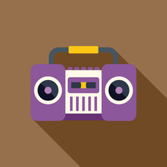 Purple boombox with yellow handle playing music casting a long shadow on a brown background