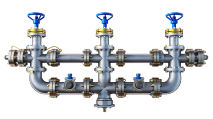 Metal industrial manifold pipeline system with blue valve handles and pressure joints, concept of plumbing engineering and fluid control, isolated on transparent background, PNG.