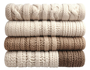 Stacked knitted sweaters in beige and taupe tones