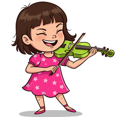 Cartoon girl playing a green violin with a bow wearing a pink star dress.