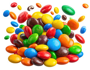 A vibrant pile of colorful, round candies, in various shades of red, orange, yellow, green, blue, and brown, exploding outwards in a cluster