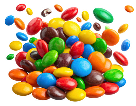 A vibrant pile of colorful, round candies, in various shades of red, orange, yellow, green, blue, and brown, exploding outwards in a cluster