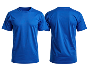 Front and back view of a plain, vibrant royal blue t-shirt