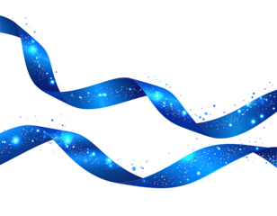 Two elegant, swirling, blue ribbons with shimmering, sparkling details on a black background