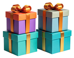 Three stacked gift boxes,  two sets of layered presents,  in teal,  purple, and light gray, adorned with gold ribbons and bows