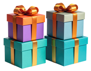 Three stacked gift boxes,  two sets of layered presents,  in teal,  purple, and light gray, adorned with gold ribbons and bows