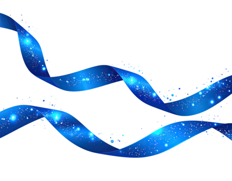 Two elegant, swirling, blue ribbons with shimmering, sparkling details on a black background