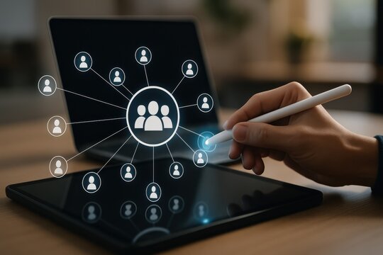 Digital stylus pointing at user icon in team connection network diagram on tablet
 - Powered by Adobe