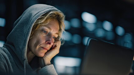 Woman in gray hooded sweatshirt looking at laptop display. Online activity or communication concept at night.