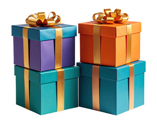 Three stacks of colorful gift boxes, each tied with gold ribbon