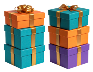 Two stacks of colorful gift boxes, each with gold ribbon and bows,  stand side by side