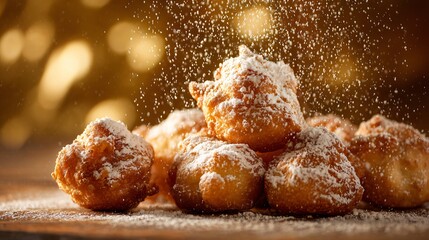 Zeppole dusted with powdered sugar, warm golden backdrop, cozy morning light