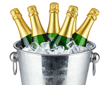 Champagne bottles in a silver bucket filled with ice