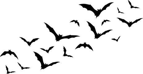 Fototapeta premium A flock of flying bats in a black and white sketch illustration style. Perfect for Halloween decorations, digital designs, stickers, t-shirts, and spooky parties.