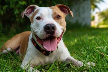 Joyful American Pit Bull Terrier Enjoying a Sunny Day on the Grass, Relaxing and Smiling with an Attentive Expression