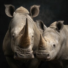 Obraz premium Two rhinos stand close showcasing their large horns and wrinkled skin against a dark textured background
