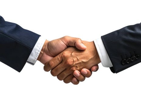 Close-up of two hands clasped in a business handshake, clad in dark suits and light shirts