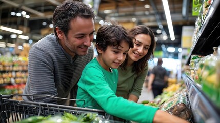Une famille heureuse fait ses courses ensemble dans un supermarché