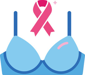 Breast cancer awareness pink ribbon symbol on blue bra icon for health support fundraising and charity vector
