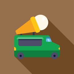 Green ice cream truck selling ice cream cones during summertime, featuring a big ice cream cone on top