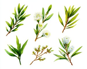 Hand Painted Watercolor Tea Tree Leaves and Blooms. Botanical Art of Melaleuca Alternifolia Isolated on White Background for Aromatherapy and Skincare Products