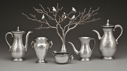 Elegant Silver Hammered Metal Tea Set with Bird Tree Decor