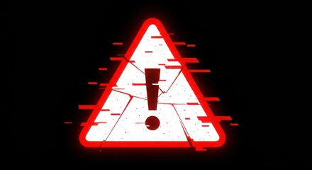 Red warning sign with exclamation point and glitching effect on black background.