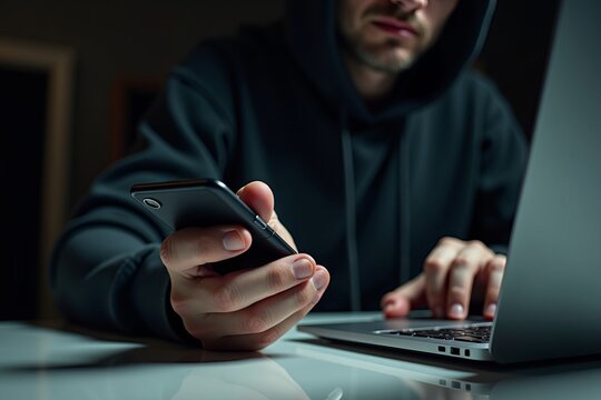 Cybersecurity threat concept featuring a hacker in a hoodie using a smartphone and laptop during a cyber attack at night