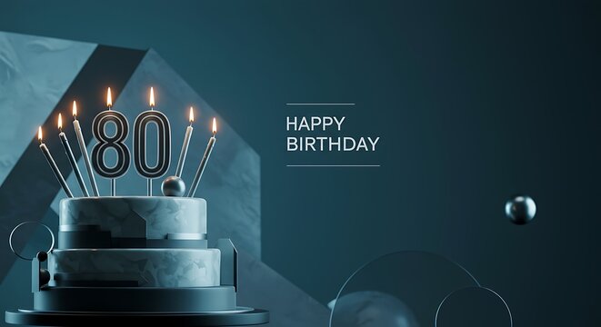 Elegant 80th birthday cake with glowing candles and 'Happy Birthday' text on a dark blue abstract background.