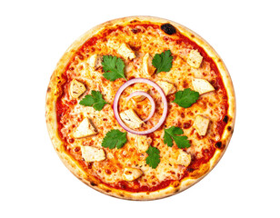 Round pizza with chicken, red onion, and herbs
