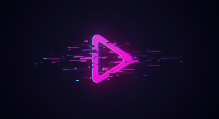 Glowing pink play button icon with digital glitch effect on dark background.