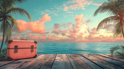 Tropical Getaway: Pink Suitcase on a Wooden Deck Overlooking a Serene Ocean at Sunset