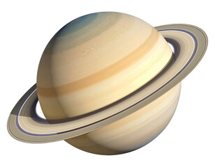 Saturn, a ringed gas giant, with distinct bands of color,  orbits