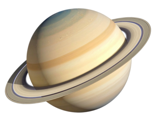 Saturn, a ringed gas giant, with distinct bands of color,  orbits