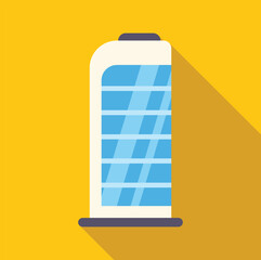 Modern skyscraper with blue windows on yellow background representing urban architecture and development
